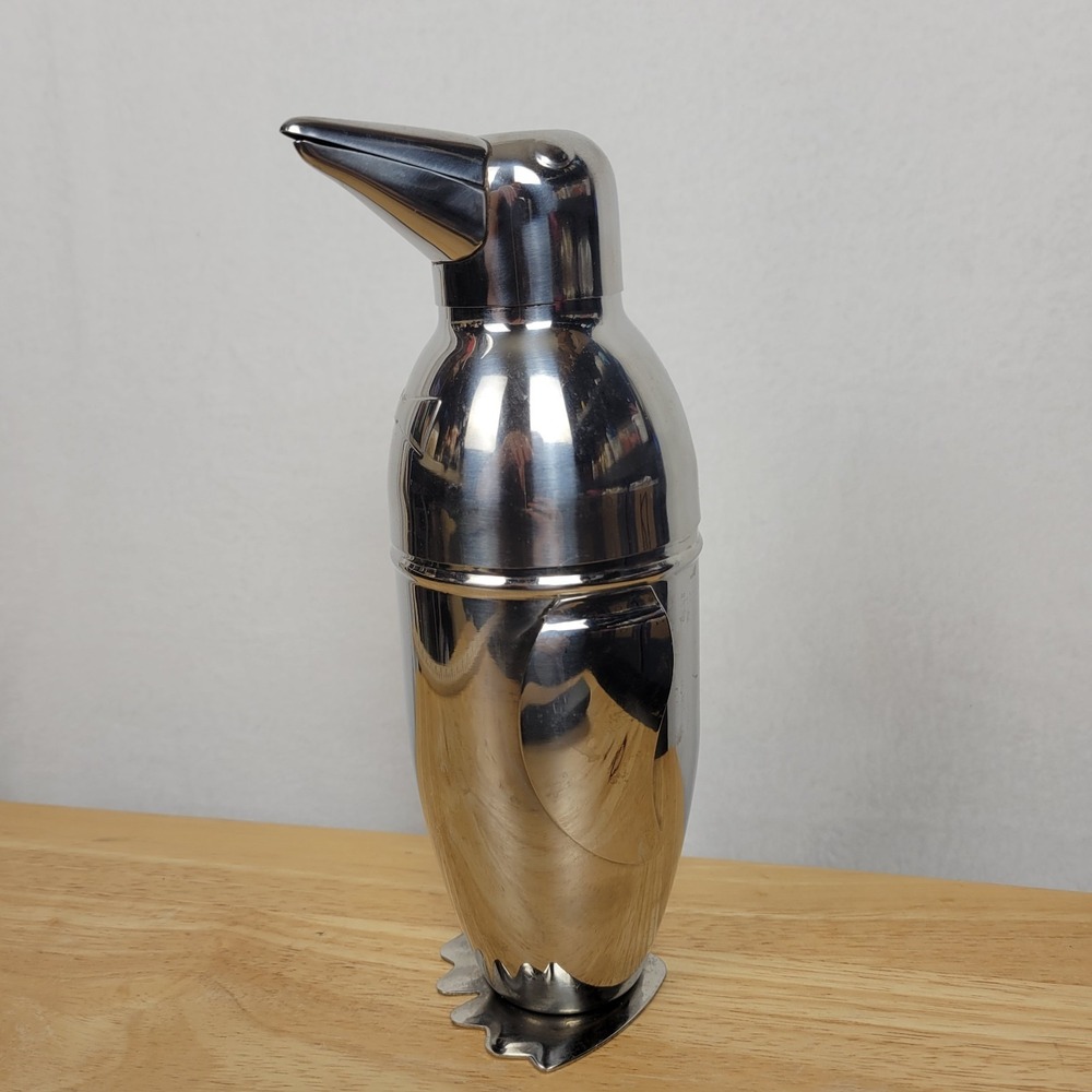 Vintage-Style Penguin Cocktail Shaker 9" Stainless Steel 3 PC MCM-Theme Bowtie